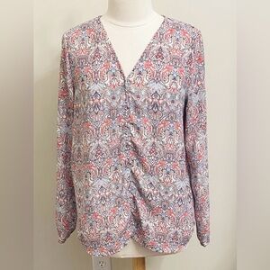 Elaine Rose Blue Red Paisley Boho Print Long Sleeve Button Down Blouse Size L